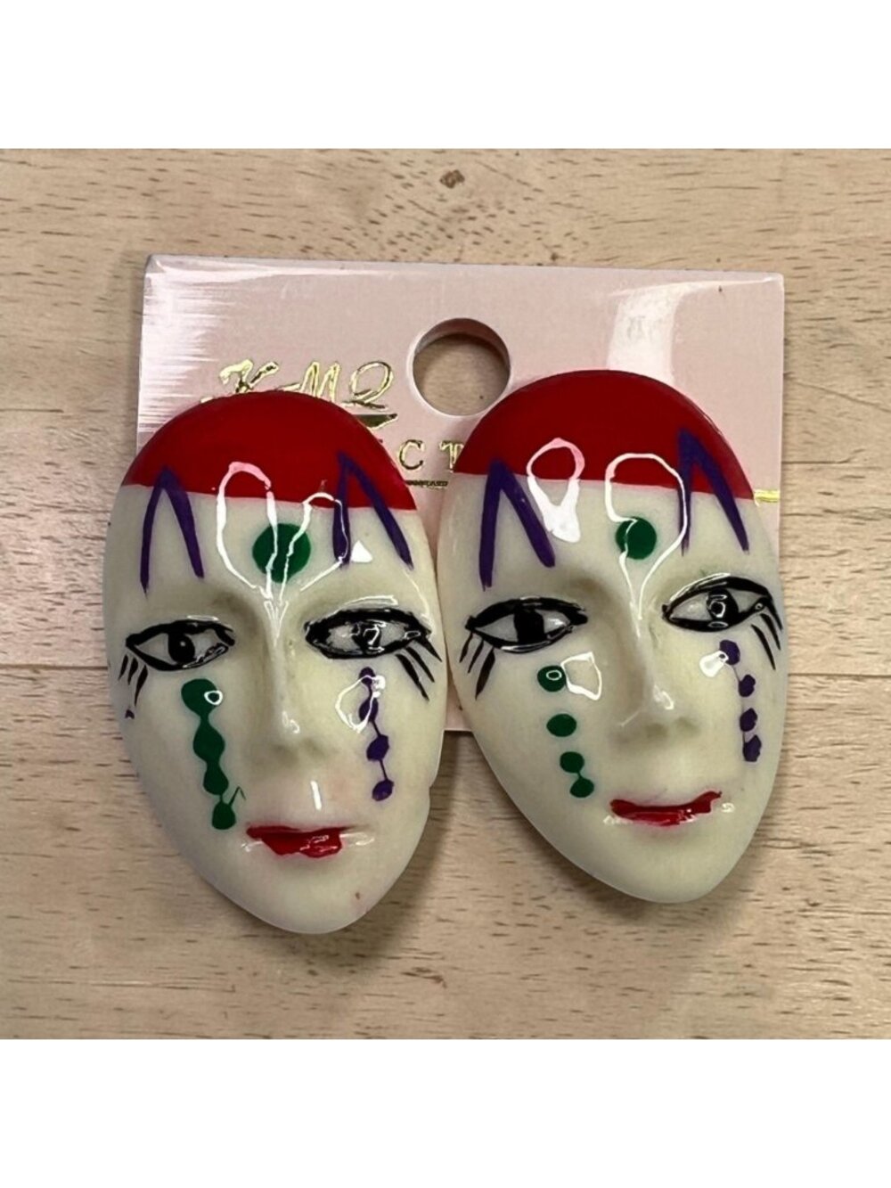Vintage KMQ Mime Mask Face Stud Earrings Painted Red & Green